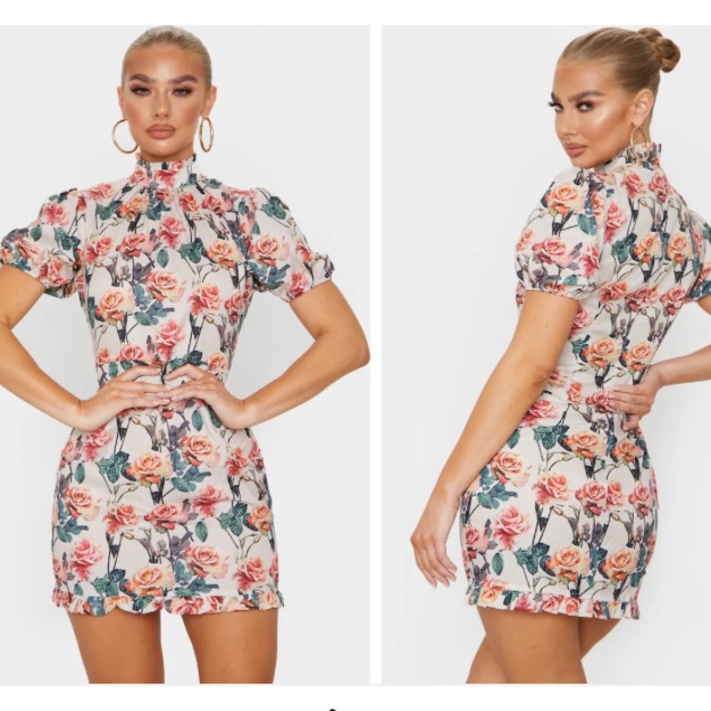 Pretty Little Thing Nude Rose Print High Neck Short Sleeve Bodycon Dress
